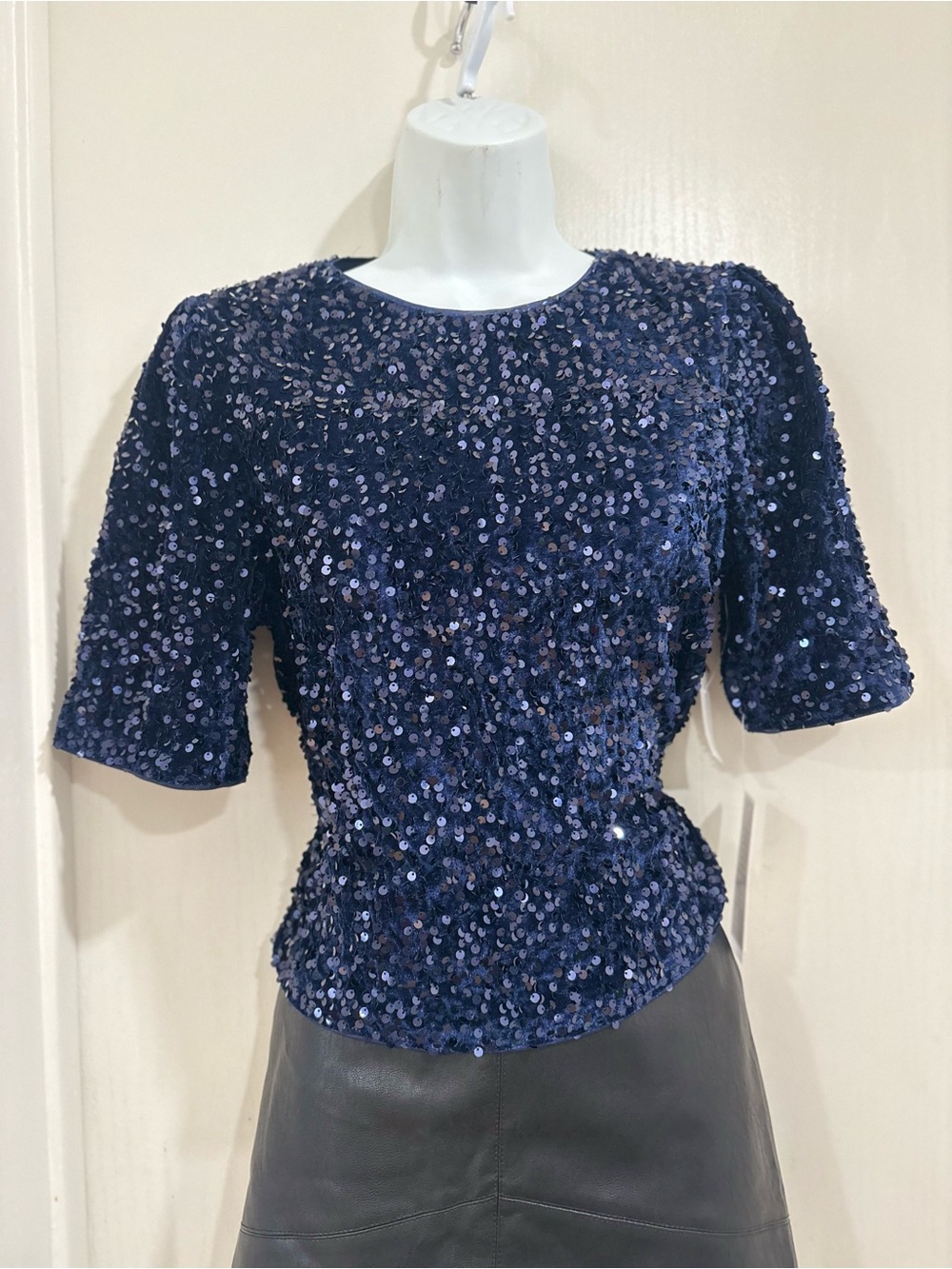 Nanette Lepore Navy Sequin Short Sleeve Top